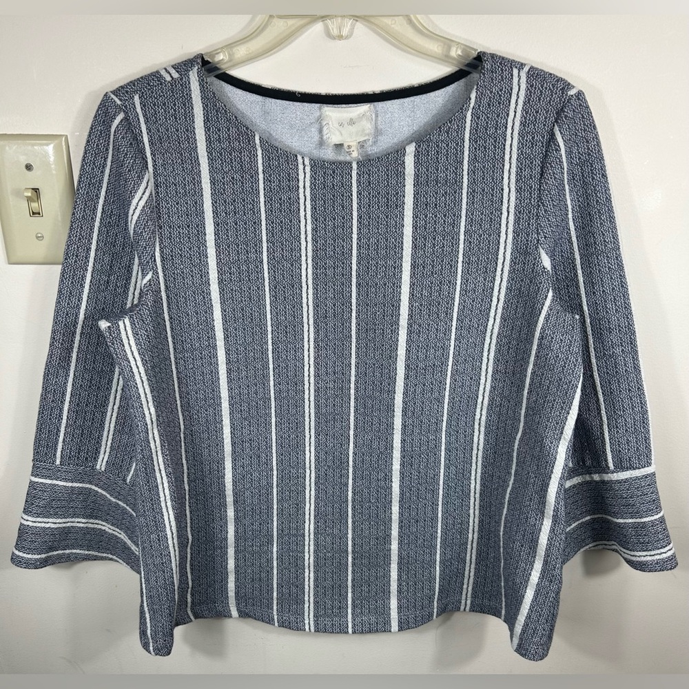 Anthropologie En Elle Top Women’s S Blue Vertical Stripes Flared‎ Cuffs Nautical
